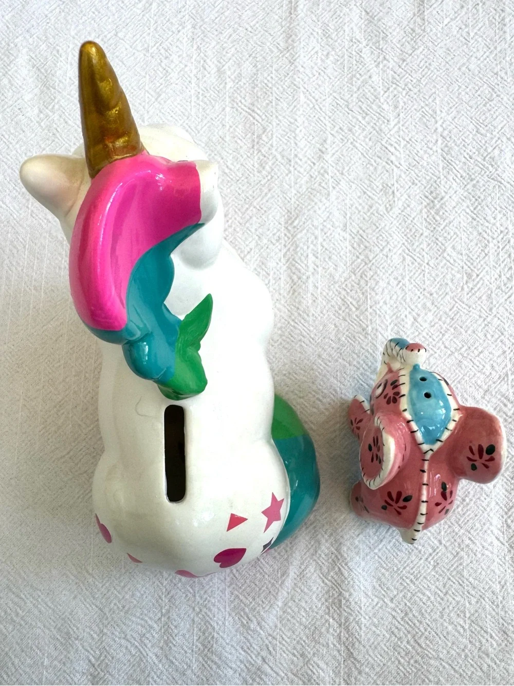 Vintage Elephant Salt Shaker and a Unicorn Piggy Bank. Ceramic Kitsch.